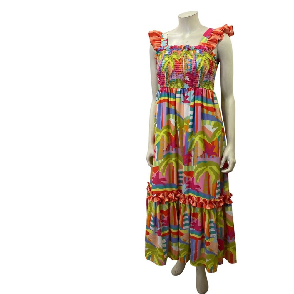 Crosby by Mollie Burch Colorful Smocked Maxi Dress Ruffled Straps‎ & Hem Md